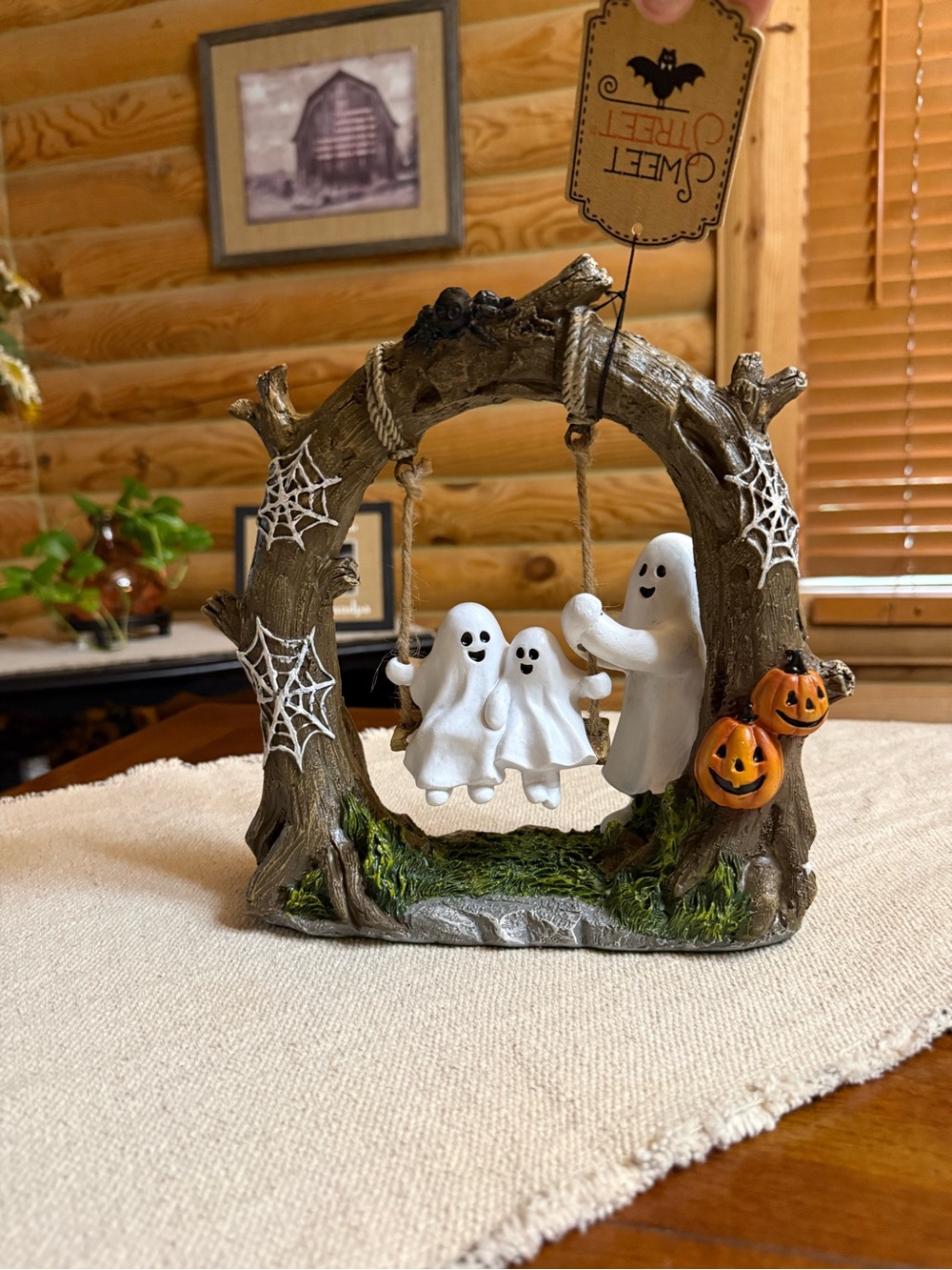Halloween GHOST on a SWING Decor with Pumpkins and Spiderwebs In Tree